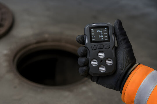 Industrial Worker Orange Reflective Vest Black Gloved Hand Holding Portable Multi-Gas Detector Showing O2 CO H2S LEL Readings Over Open Manhole &mdash; Confined Space Gas Detection and Entry Safety