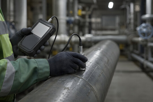 Pipeline Inspector Green Reflective Vest Black Gloved Hands Pressing Ultrasonic Probe on Large Industrial Steel Pipe &mdash; Pipeline Leak Detection Safety Integrity Inspection and Predictive Maintenance