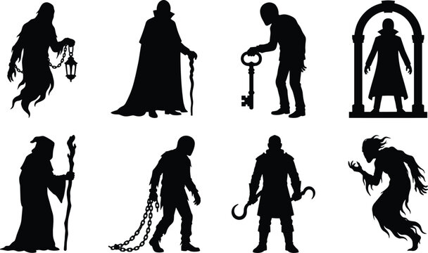 Fantasy halloween monster silhouettes set of spooky ghosts vampires and creepy horror character icons vector
