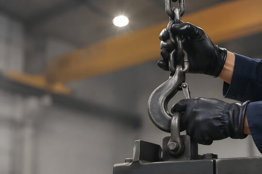 Industrial Worker Black Leather Gloved Hands Attaching Steel Safety Hook onto Lifting Chain Shackle Over Heavy Load &mdash; Crane Rigging Safety Lifting Equipment Inspection and Load Securing Procedure