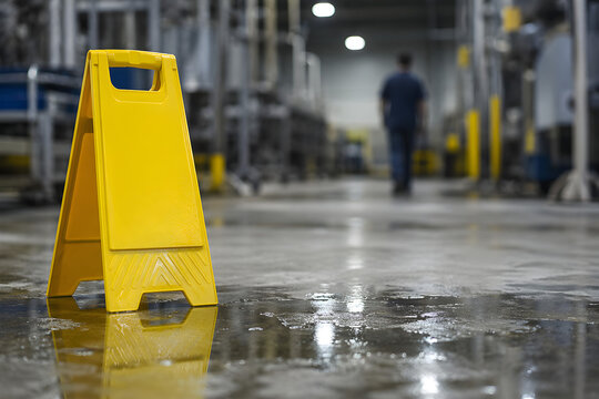Yellow Wet Floor Caution Sign on Reflective Industrial Floor with Water Puddle and Blurred Worker Silhouette in Factory Background &mdash; Slip and Fall Prevention and Workplace Safety Hazard