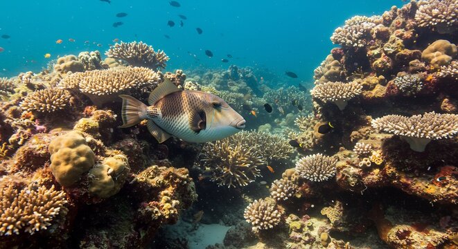 鮮やかなサンゴ礁を泳ぐ魚に明るい陽光が降り注ぐ美しい水中風景. AI Generated