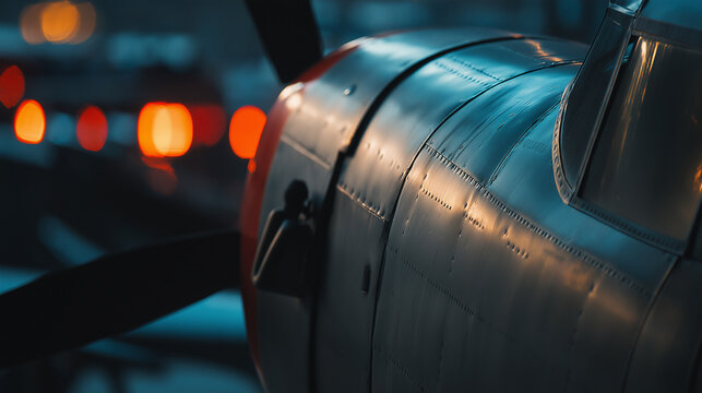 nacelle. A polished aircraft engine nacelle reflecting hangar lights on metallic surface. product launch decks, UI/UX mockups, designed for data visualization dashboards and holographic UIs.
