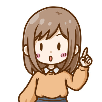 ひらめいた若い女性のイラスト｜指を立ててアイデアを思いつくデフォルメ人物素材