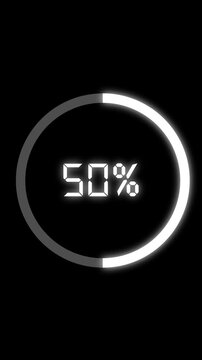 Digital progress ring charging battery indicator showing incremental percentage values from five to one hundred percent loading sequence graphic animation on black background.