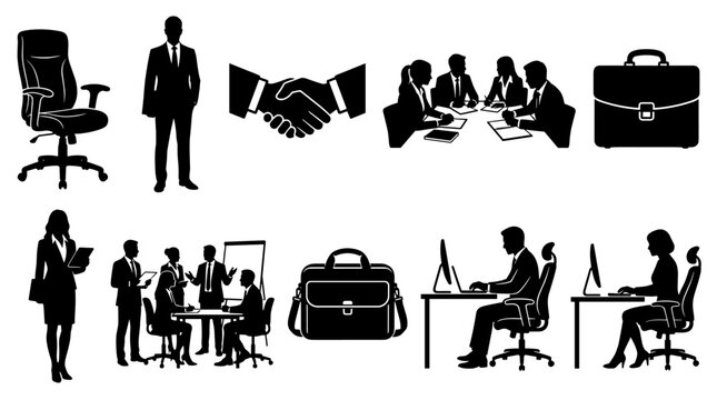 Business meeting and office work silhouettes representing teamwork collaboration and professional environment