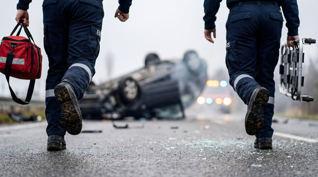 Back view of first responders carrying a medical bag and stretcher toward an overturned car after a serious traffic accident on a wet roadway, low angle close-up of rescue boots approaching the wreck