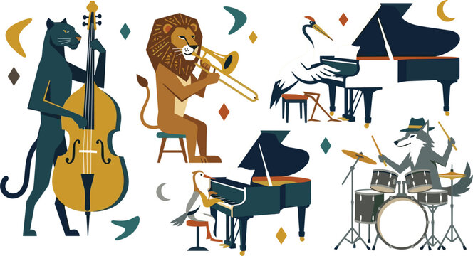 Musical Animal Band Collection Vector Set with Cat Double Bass Player, Lion Trombonist, Bird Pianists, and Wolf Drummer Characters