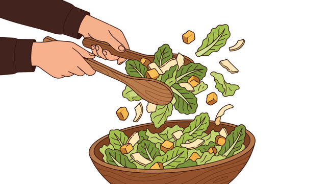 Hands lifting fresh caesar salad with tongs vector illustration