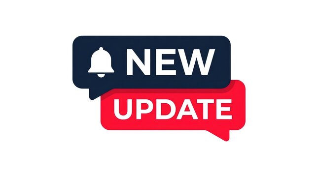 Digital notification badge featuring the text new update with a bell icon on white background