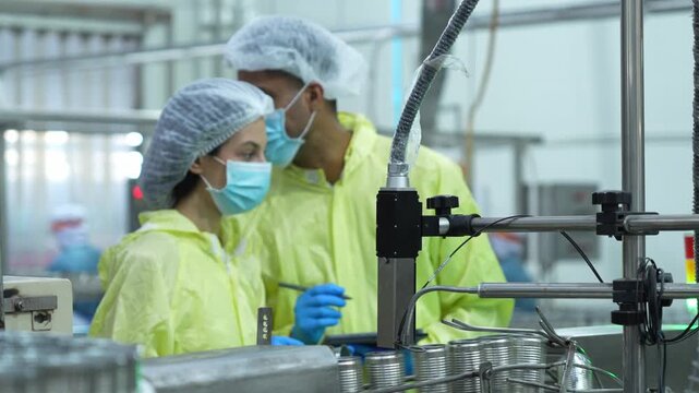 Factory quality control supervisors inspecting production line in a food plant, Industrial food safety managers reviewing canning line equipment and data