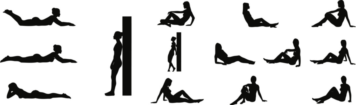 Black silhouette figures performing various yoga poses and stretches stretching exercises fitness