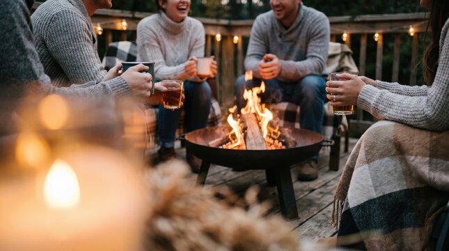Group of diverse friends enjoying cozy autumn evening around outdoor fire pit on wooden deck with warm drinks and sweaters