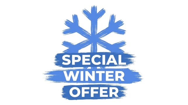 Bright blue snowflake graphic icon featuring special winter offer text with a dry brush effect