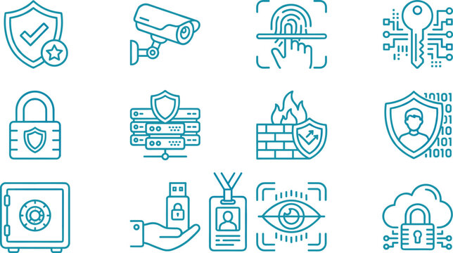 Cyber Security Line Icons Set with Data Protection, Authentication, Firewall and Privacy Vector
