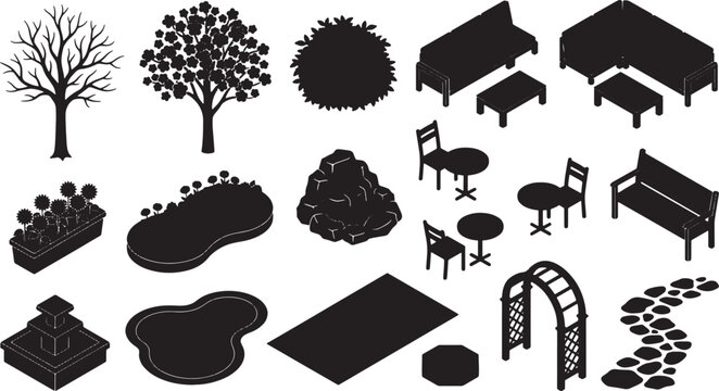 Garden landscape design elements set with isometric silhouettes of trees furniture paths and outdoor decor vector illustration