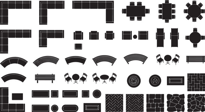 Furniture and Paving Top View Silhouette Collection for Architectural Floor Plans and Interior Design Layout Vector Set
