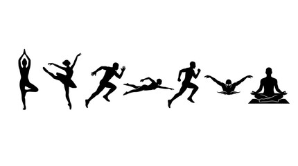 Fototapeta premium Diverse human silhouettes showcasing various sports and wellness activities like yoga, ballet, running, swimming, and meditation