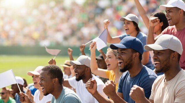 Diverse group of young adult sports fans cheering with flags at stadium, excited multiethnic crowd celebrating victory in outdoor arena