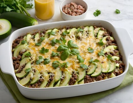 zucchini hamburger casserole in a baking dish