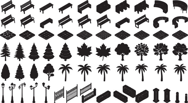 Isometric park elements set with benches trees street lamps and fences for urban landscape design vector illustration