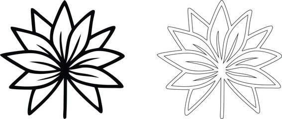 Fototapeta premium Leafy flower set, featuring a solid black silhouette and a thin line outline of a plant on white background