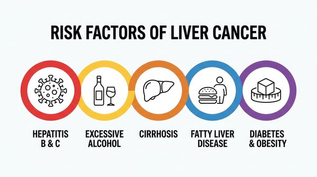 Informative medical infographic chart displaying various primary risk factors associated with developing human liver cancer