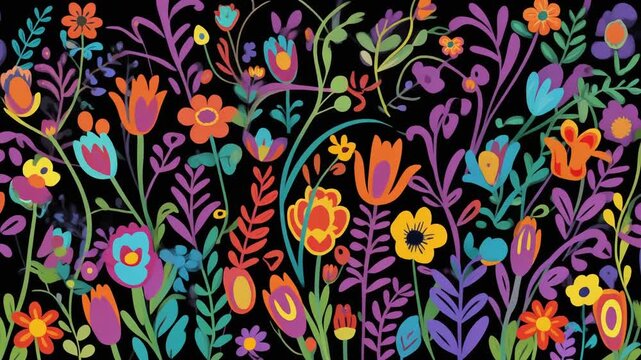 Spring floral meadow with glowing tulips and wildflowers vector animation. Vibrant orange tulips and yellow daffodils bloom among purple lupines and green foliage on black background