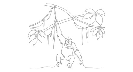 Orangutan hanging from vine, jungle illustration, wildlife, one line drawing © Vector