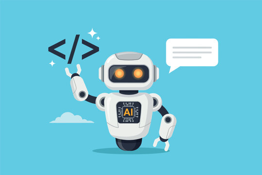 Cute robot character writing code with artificial intelligence technology symbol Vector, illustration