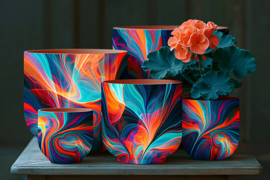 Colorful Hand-Painted Terracotta Pots with Coral Geranium