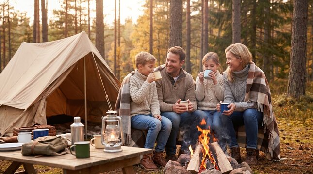 Happy Caucasian Family Camping in Autumn Forest Sitting by Campfire Drinking Hot Tea from Mugs Cozy Fall Weekend Outdoor Adventure Lifestyle