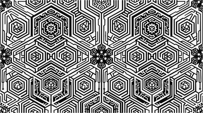 Geometric Hexagonal Monochrome Patterns and Abstract Futuristic Circuitry Design with Intricate Technological Line Art