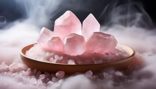 A Stunning Arrangement Of Pink Crystals Atop A Soft Layer Of White Salt Surrounded By Delicate Vapor Creating A Dreamy Aesthetic