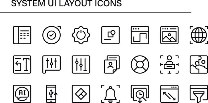 System UI layout icons collection for interface design, dashboard components, navigation controls and digital application settings