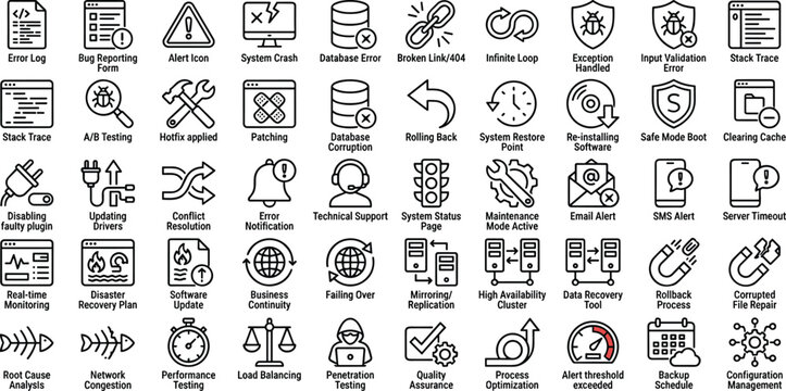 System troubleshooting icons collection for error handling, debugging, recovery, monitoring and technical support workflow design
