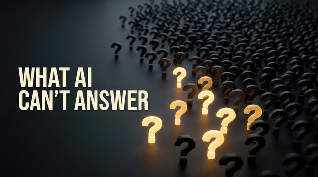 Many question marks with glowing symbols representing complex problems that artificial intelligence cannot solve for humans