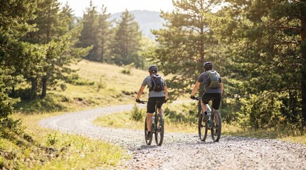 Naklejka premium Two adult men mountain biking on a gravel forest trail during a sunny summer day, active lifestyle and outdoor adventure concept