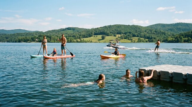 Group of diverse friends enjoying summer water sports on a scenic mountain lake with paddleboarding kayaking and water skiing activities