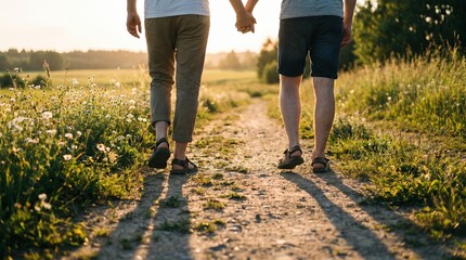 Obraz premium Two young men holding hands walking away on a dirt path in a meadow at sunset representing gay romance and LGBTQ love and connection