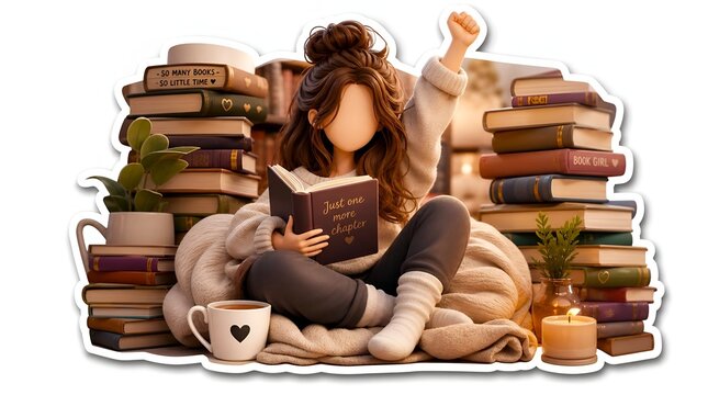 Cozy Woman Reading Book Surrounded by Stacks in Warm Room
