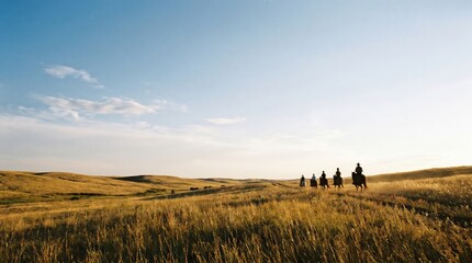 Obraz premium Group of adult horseback riders traveling through vast golden prairie landscape at sunset representing adventure and freedom