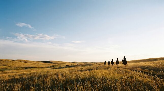 Group of adult horseback riders traveling through vast golden prairie landscape at sunset representing adventure and freedom