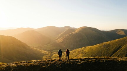 Fototapeta premium Two hikers standing on a mountain ridge overlooking a sunlit valley at sunset, representing adventure, freedom, and outdoor exploration