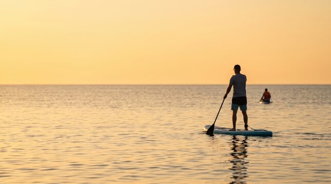 Adult man paddleboarding on calm ocean water at sunset for summer vacation leisure and active lifestyle concept