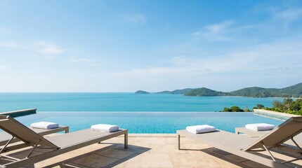 Fototapeta premium Luxury Infinity Pool Overlooking Tropical Ocean View with Lounge Chairs for Vacation Relaxation and Summer Travel Concept