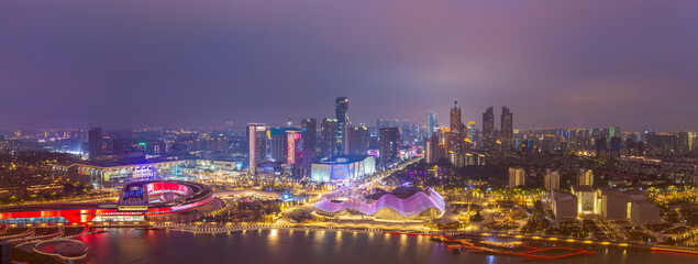 Obraz premium Aerial view of Suzhou night, cityscape panorama of Suzhou Museum, Theatre and Science and Technology Museum landmarks, China
