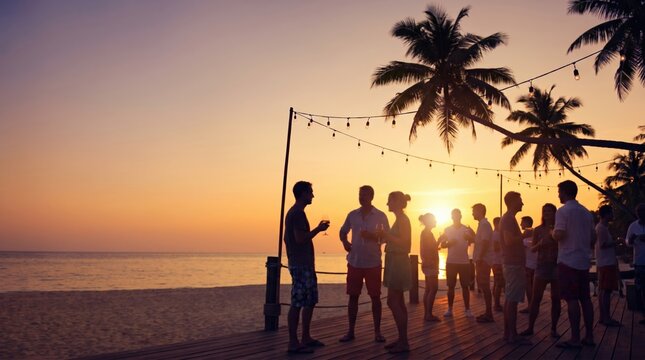 Group of diverse young adults socializing at a beach sunset party on a wooden deck, enjoying drinks and conversation in a tropical vacation setting