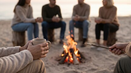 Obraz premium Group of young adult friends sitting around a campfire on a beach at sunset, enjoying warm drinks and conversation, cozy autumn evening lifestyle