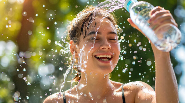 Woman pours cold water over her face from a plastic bottle to cool down after an intense outdoor run in the park